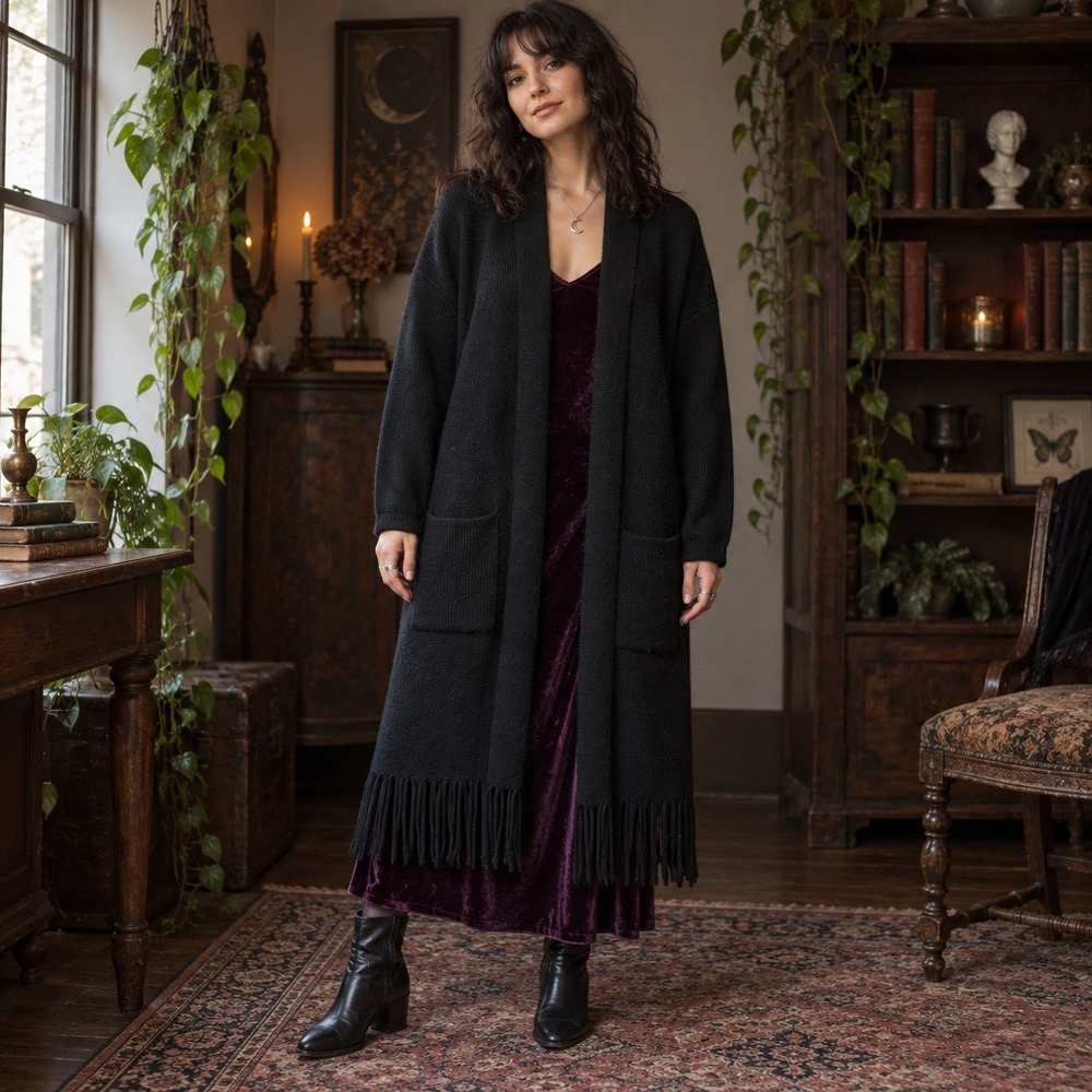 VTG 90s Side Effects Womens M Wool Angora Long Cardigan Black Whimsigoth Artsy